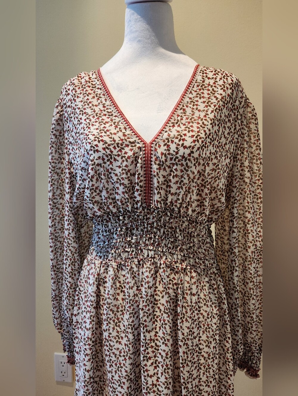 Cream Floral V-Neck Smocked Waist Dress